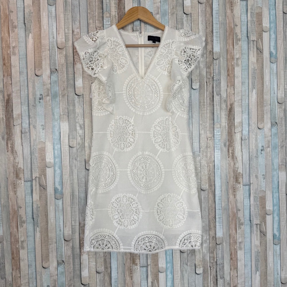 Hale Bob S White Eyelet Crochet Lace Ruffle Sleeve Medallion Mini Dress V-Neck